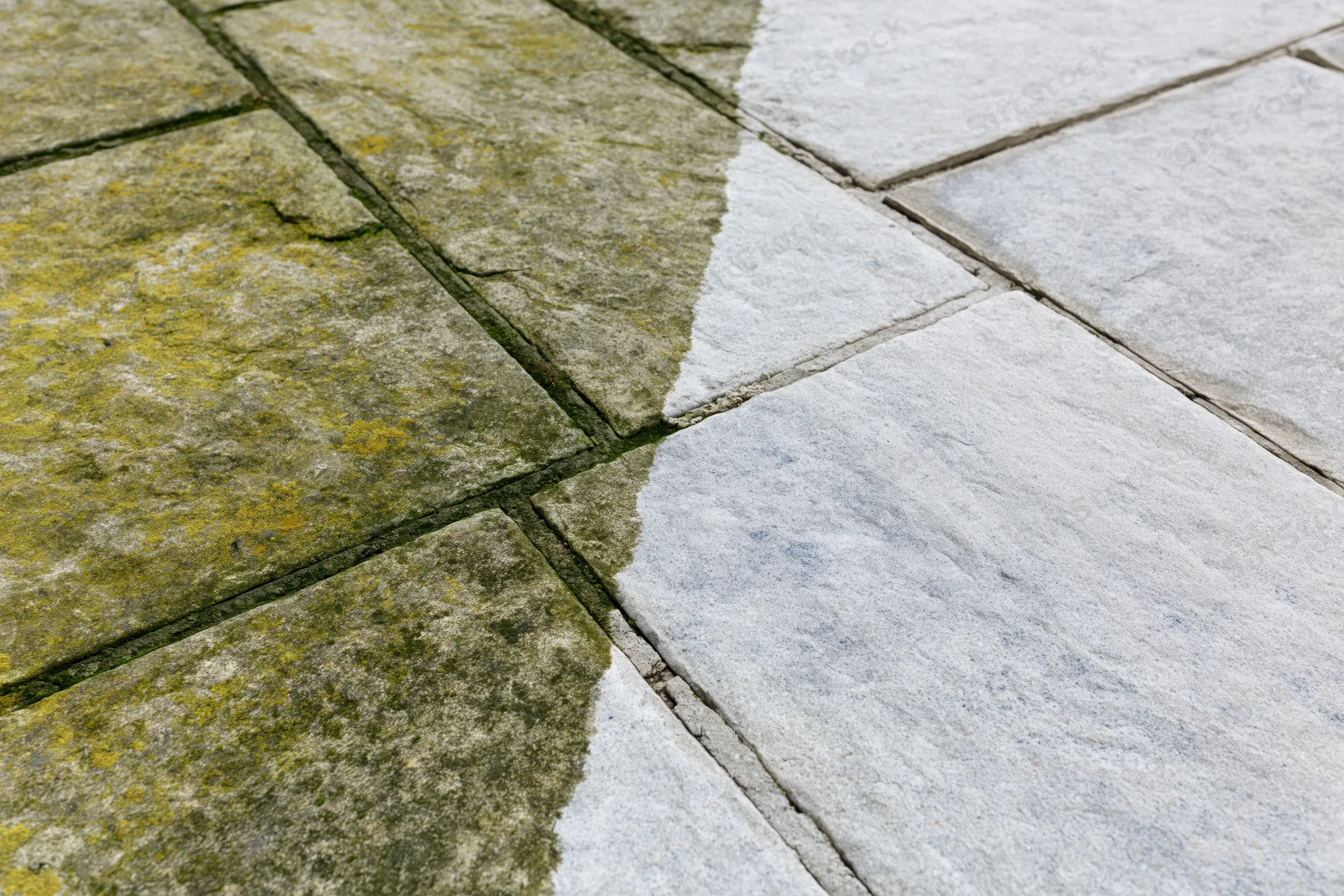 Stone patio surface showing before and after cleaning comparison with moss and grime on one side and clean white stone on the other