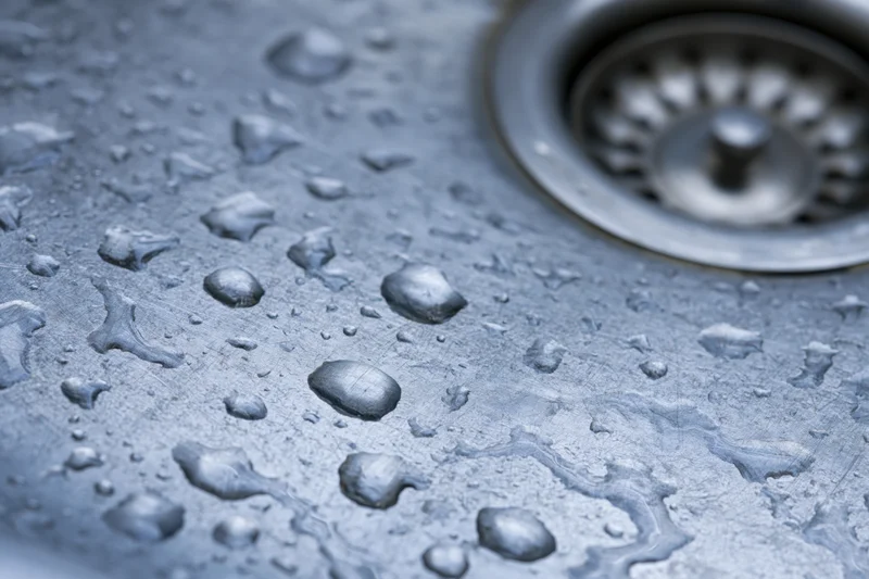 Close-up of water droplets on a stainless steel kitchen sink near the drain