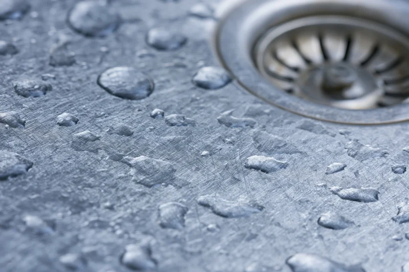 Close-up of water droplets on a stainless steel kitchen sink drain surface