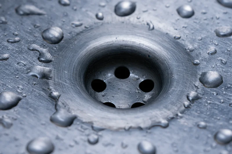 Close-up of a stainless steel sink drain with water droplets on its surface