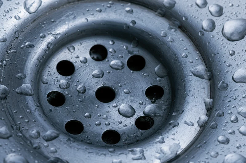 Close-up of a stainless steel sink drain with water droplets on its surface