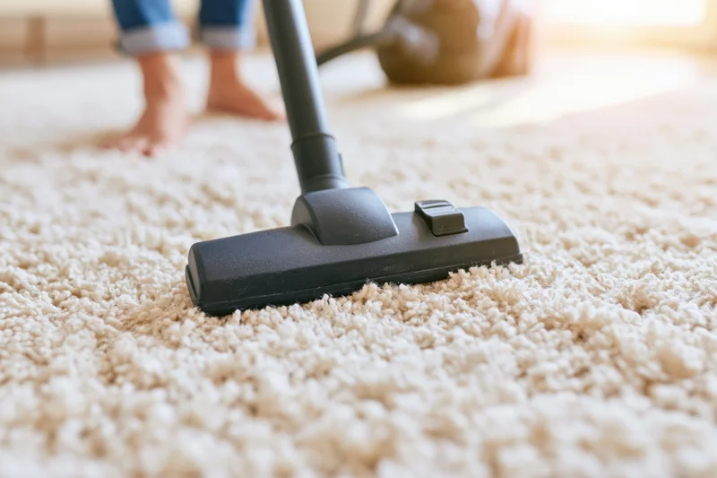 Vacuum cleaner head moving across thick cream carpet in living room with bare feet visible in background