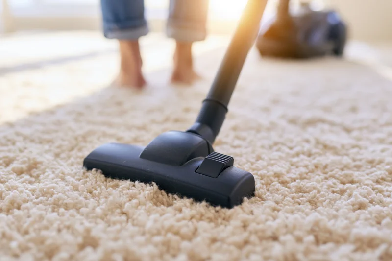 Vacuum cleaner head moving across thick cream carpet with bare feet nearby in sunlit room