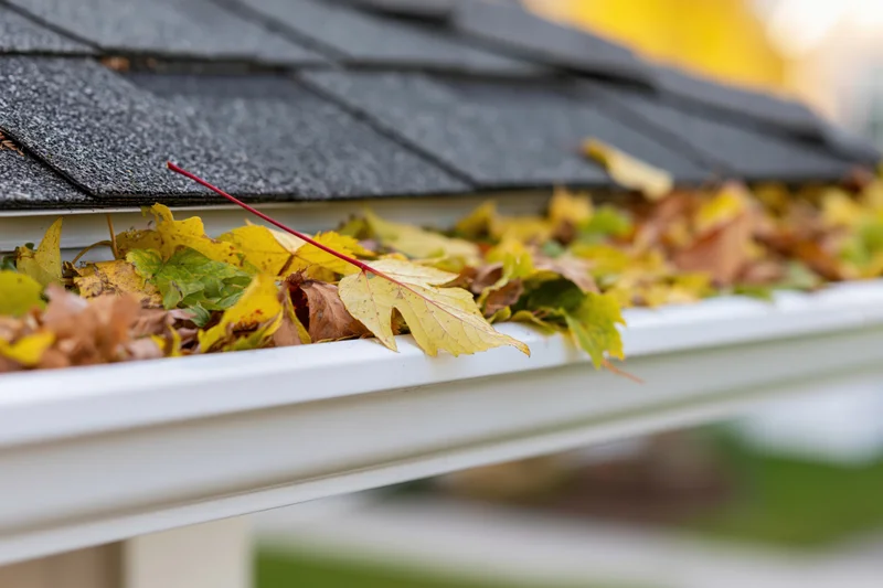 White vinyl gutter clogged with fallen autumn leaves along a shingled roof edge