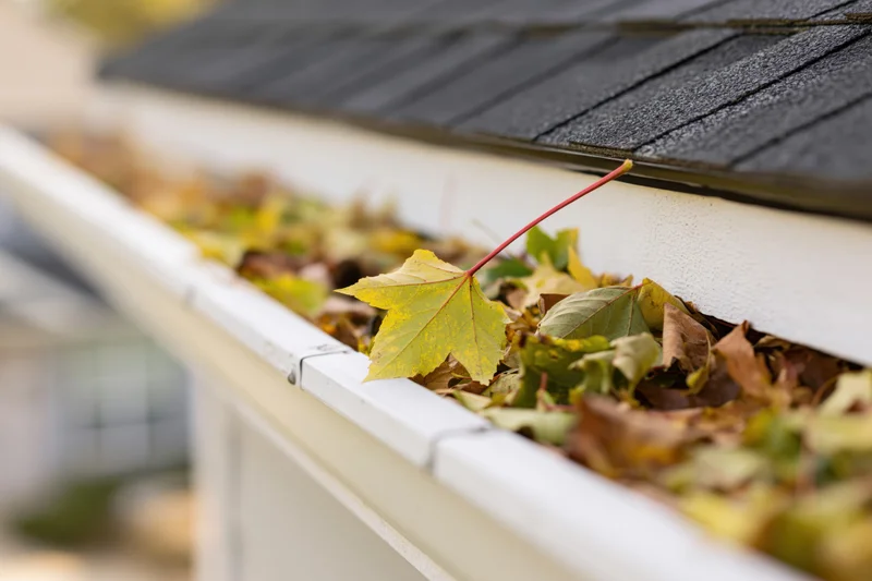 Close-up of a white vinyl rain gutter clogged with fallen autumn leaves along a roof edge