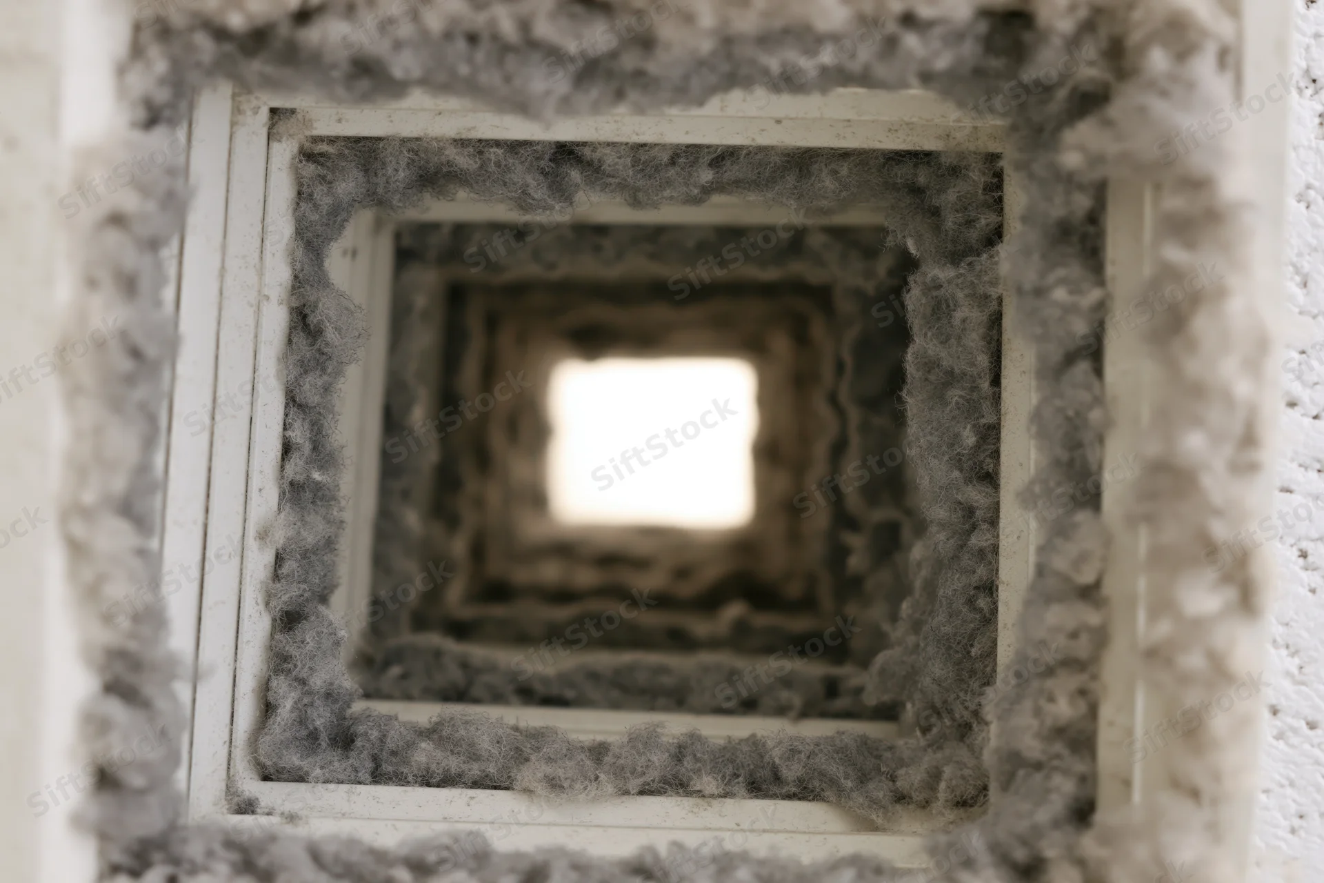 Close-up view looking up into a square ceiling air duct lined with gray insulation fiber