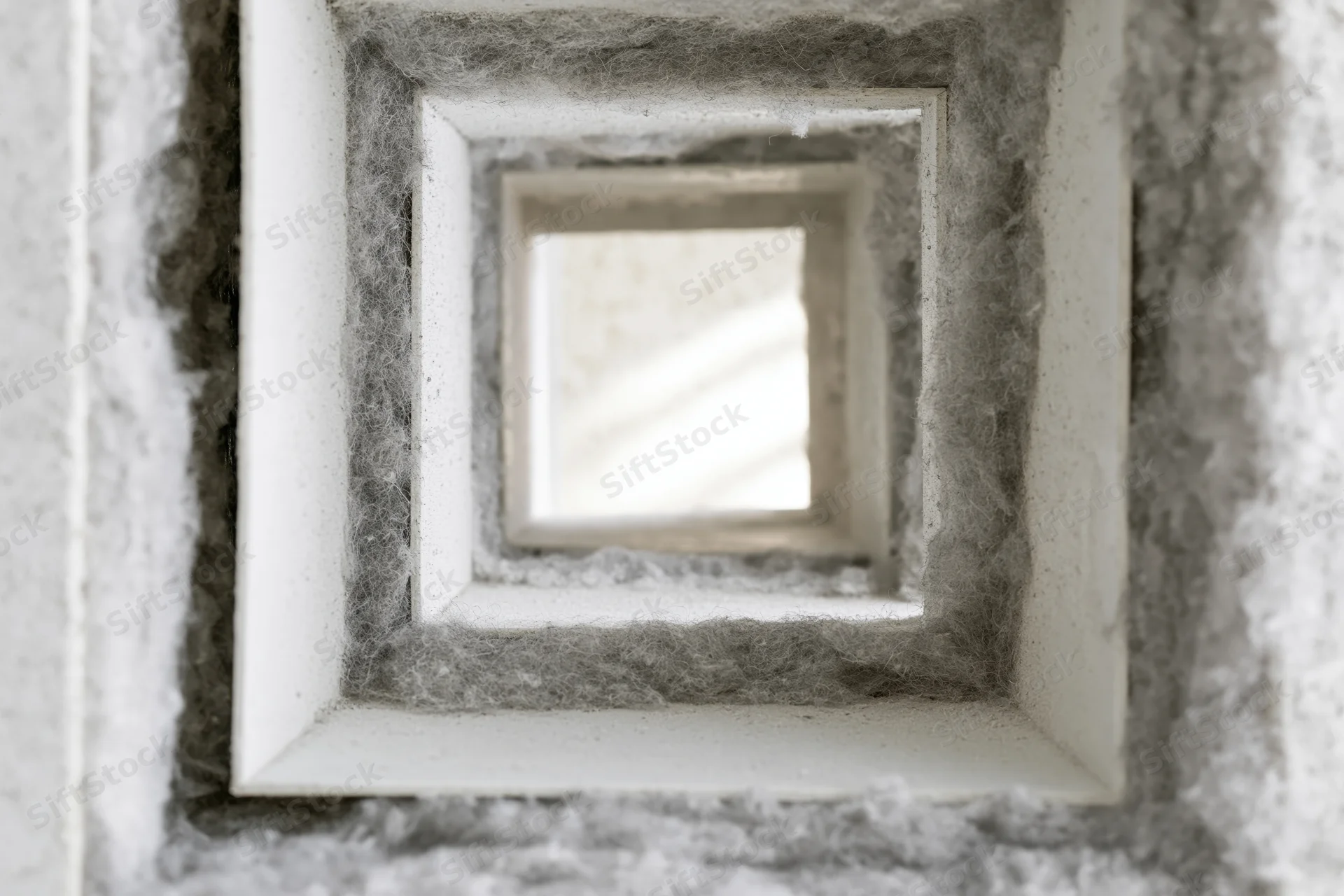 Close-up view looking up into a square ceiling air duct lined with gray insulation material