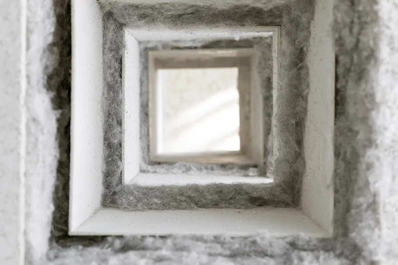 Close-up view looking up into a square ceiling air duct lined with gray insulation material