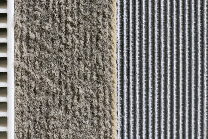 Close-up split view of hvac air conditioner coil fin and filter material