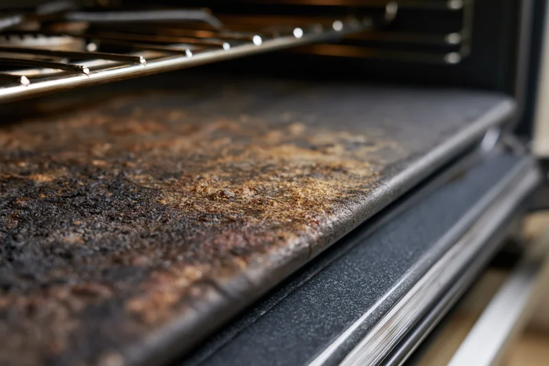 Close-up of dirty oven interior with burnt residue and metal rack inside kitchen appliance