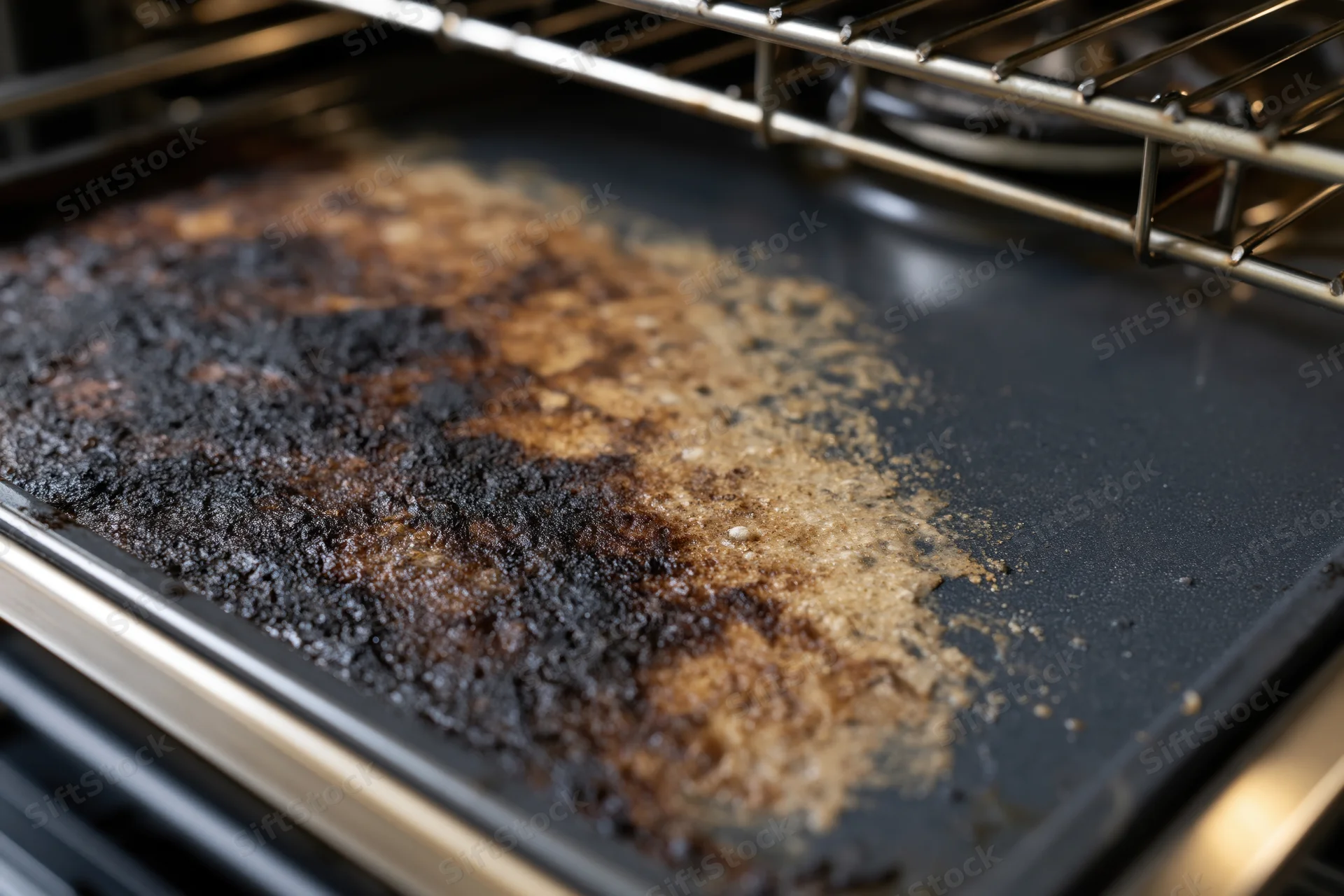 Close-up of burnt residue on a baking tray inside a dirty oven