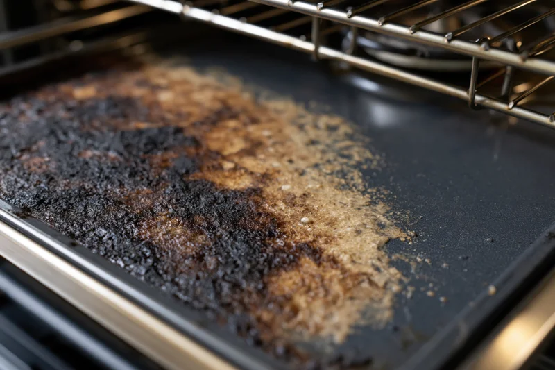 Close-up of burnt residue on a baking tray inside a dirty oven