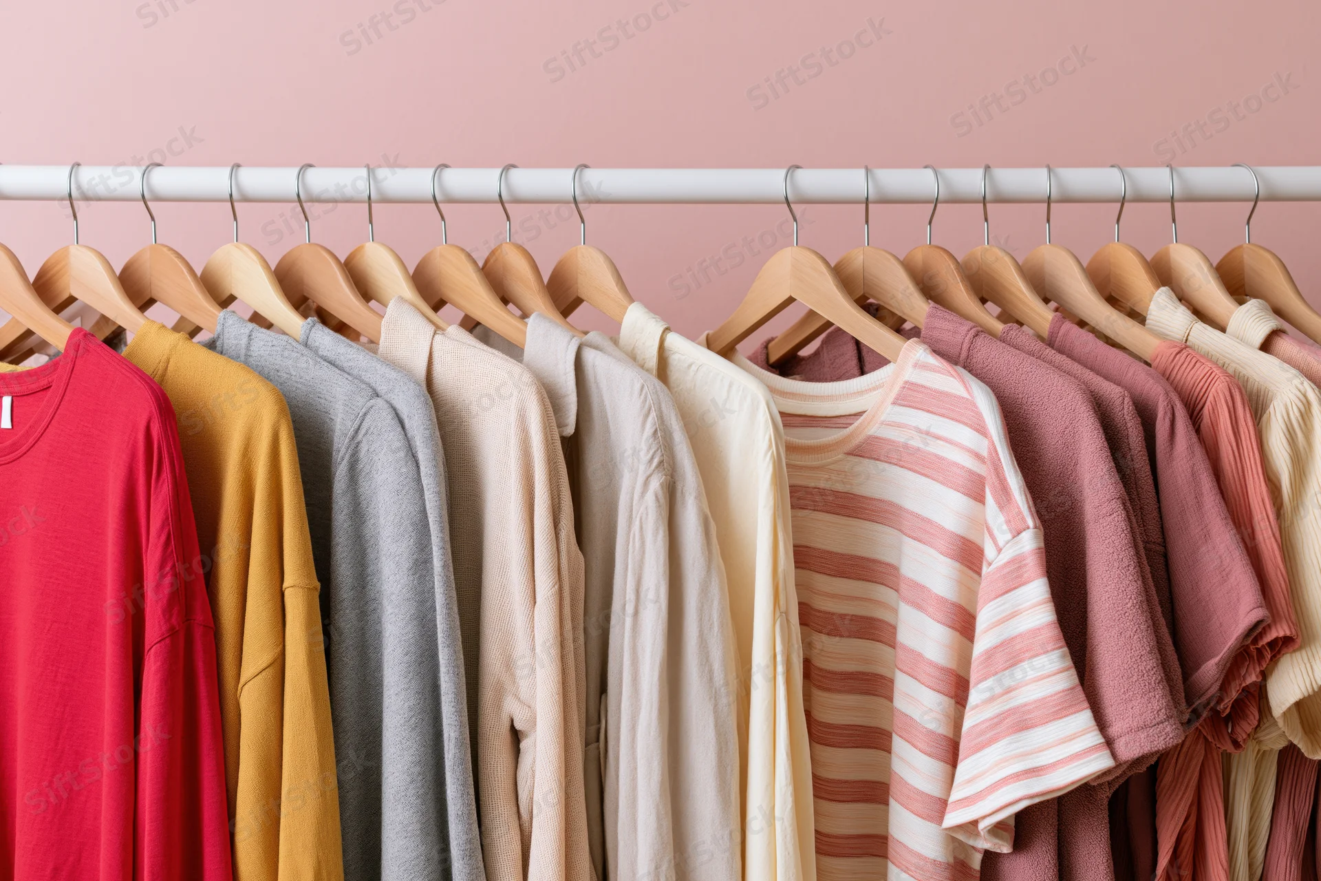Casual tops and shirts on wooden hangers arranged on a clothing rack against a pink wall