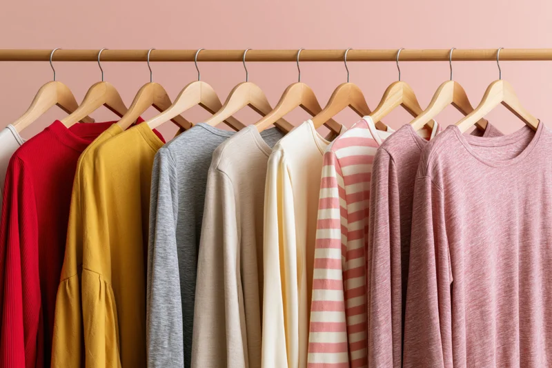 Casual tops and shirts hanging on a wooden rack against a pink wall