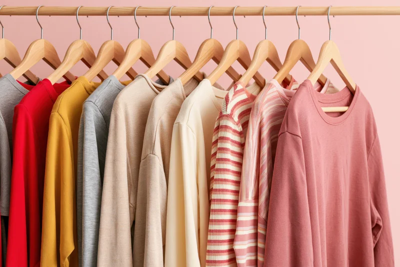 Casual tops and shirts arranged on wooden hangers on a clothing rack against a pink wall