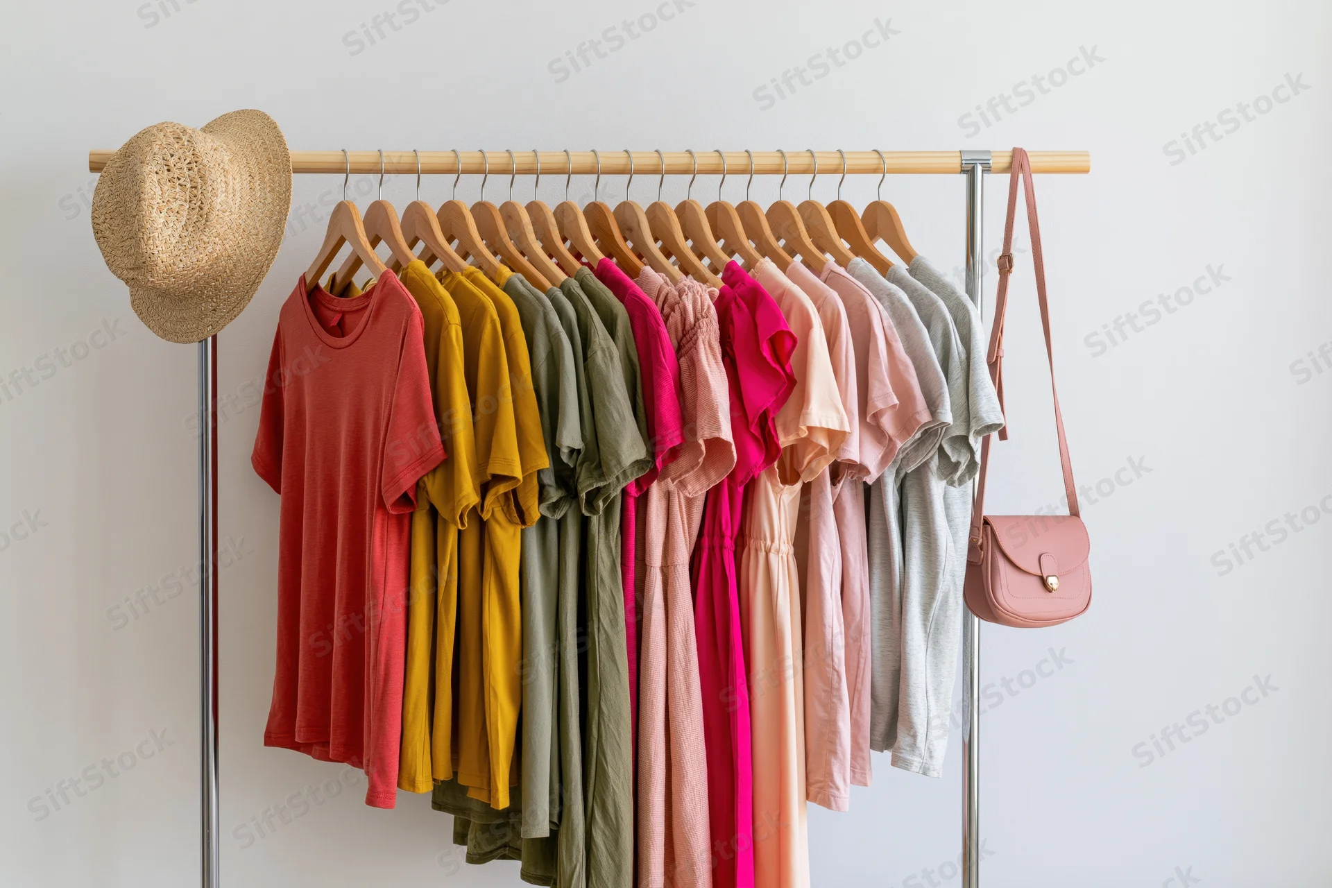 Women's clothing on wooden hangers arranged on a metal rack with a straw hat and pink bag hanging beside it against a white wall