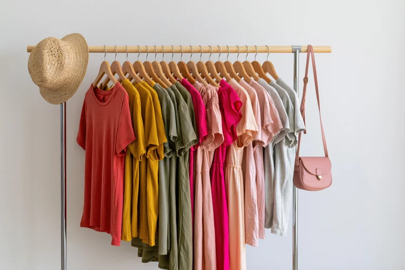 Women's clothing on wooden hangers arranged on a metal rack with a straw hat and pink bag hanging beside it against a white wall