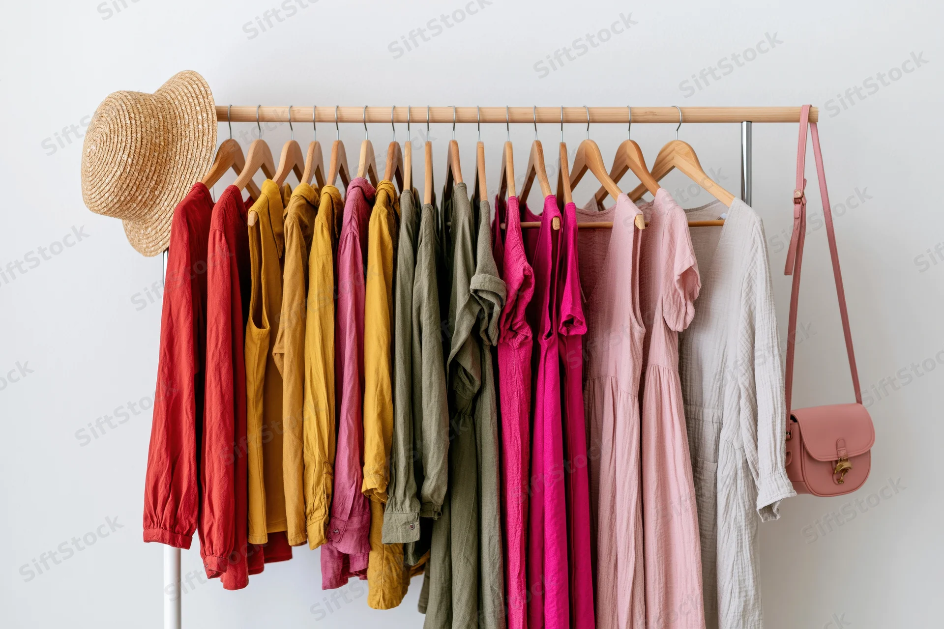 Women's clothing on wooden rack with straw hat and pink bag against white wall