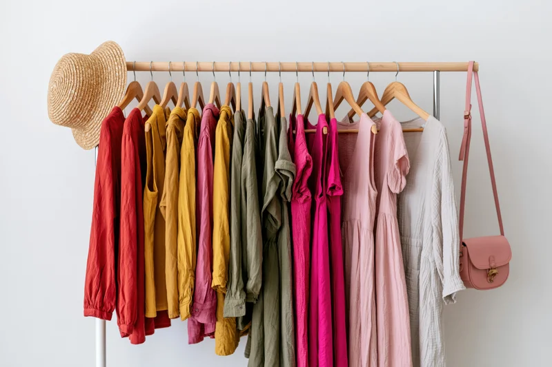 Women's clothing on wooden rack with straw hat and pink bag against white wall