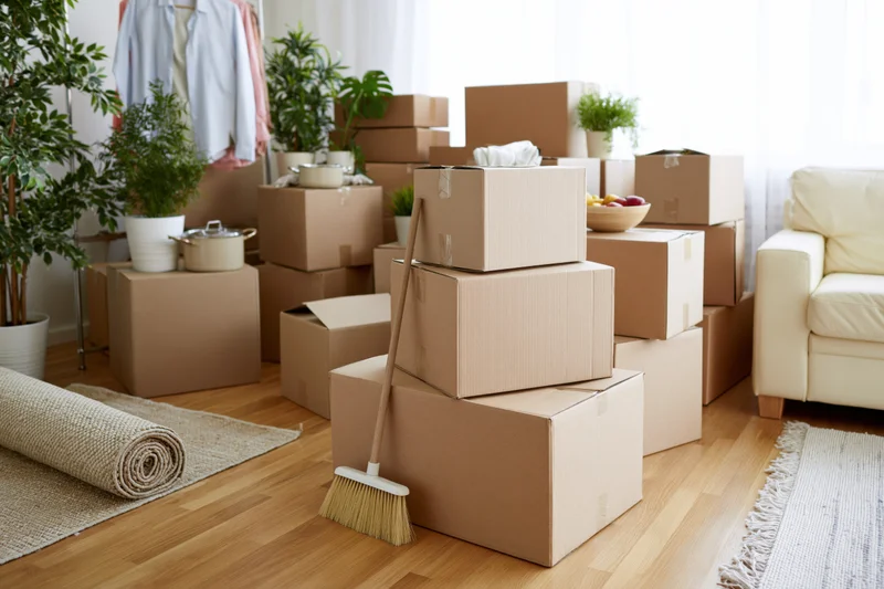 Stacked cardboard boxes and household items in a living room during a move