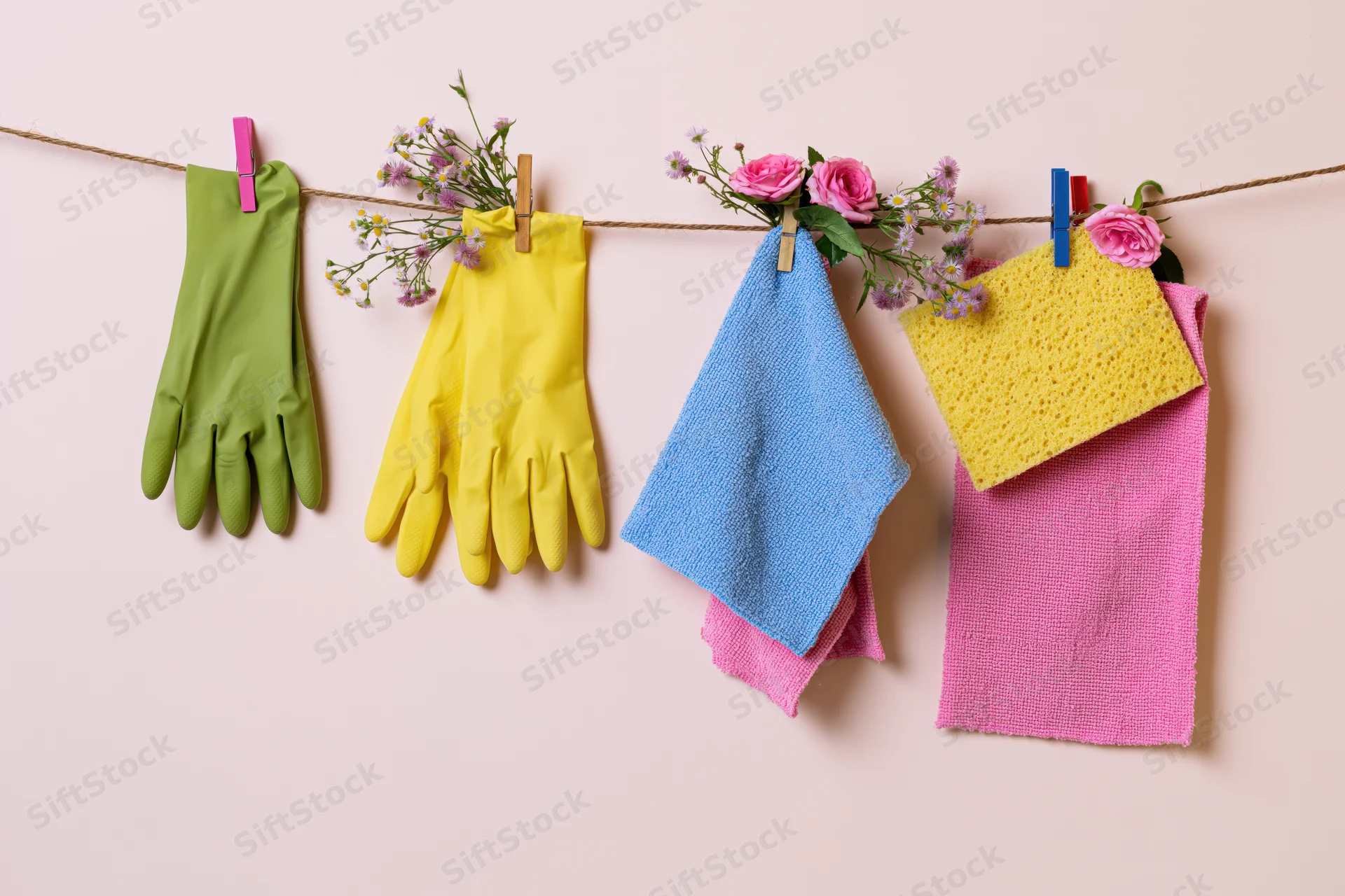 Colorful rubber cleaning gloves and sponge cloths clipped to a clothesline with flowers against a pastel wall