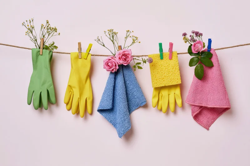 Colorful rubber cleaning gloves and sponges with flowers clipped to a clothesline against a plain wall