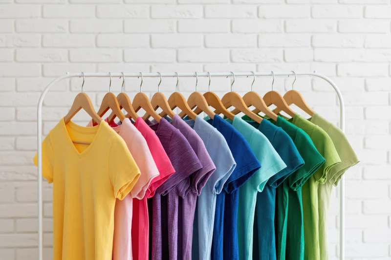 Colorful tshirts arranged in rainbow order on a white metal rack against a brick wall