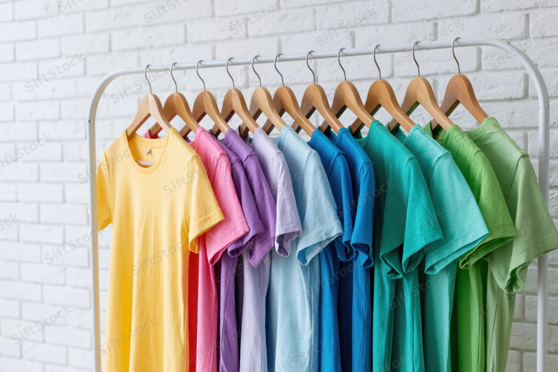 Colorful tshirts arranged in rainbow order on a white brick wall rack