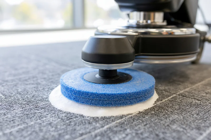 Rotary floor polisher with blue scrubbing pad cleaning gray carpet surface