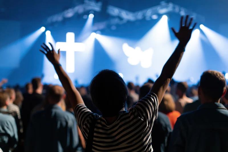 Woman with arms raised in worship facing a lit cross on stage in a modern church congregation