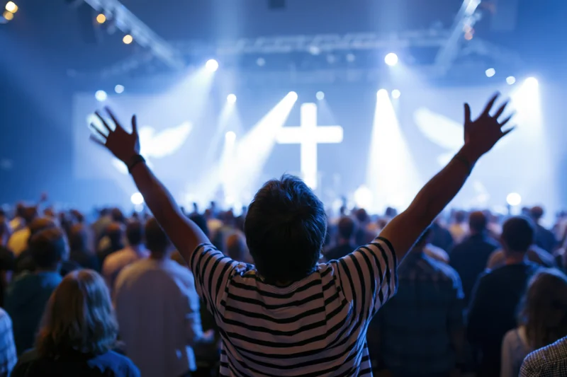 Man with arms raised facing a lit cross on stage during a church service