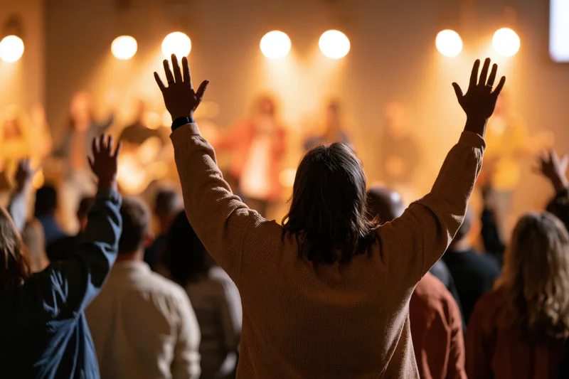 Congregation members raising hands in worship during a live church service