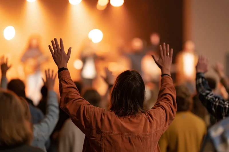 Woman with arms raised in worship facing a stage with lights and a band during a church service
