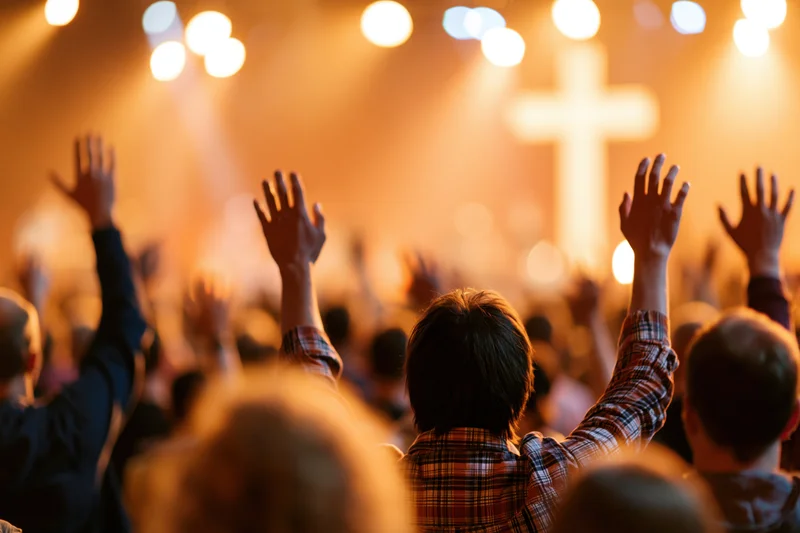 Congregation raising hands in worship during church service with illuminated cross on stage