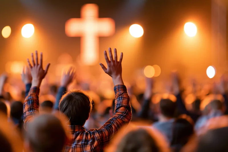 Congregation raising hands in worship during church service with illuminated cross in background