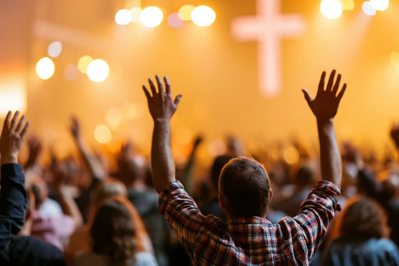 Congregation raising hands in worship during church service
