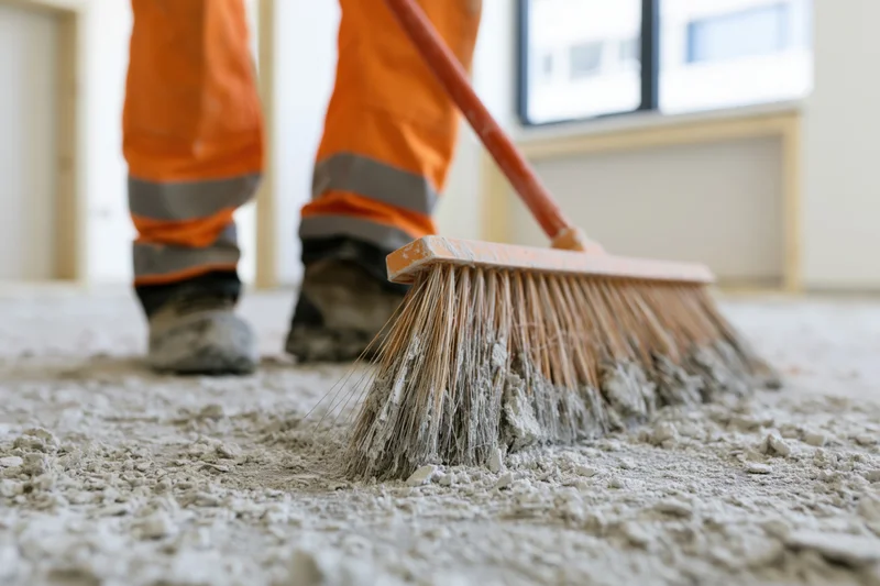 Construction worker sweeping concrete dust and debris on indoor floor with broom