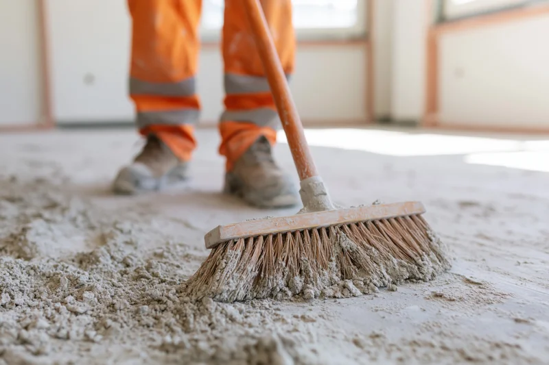 Construction worker sweeping concrete dust and debris with a broom on a floor inside a building