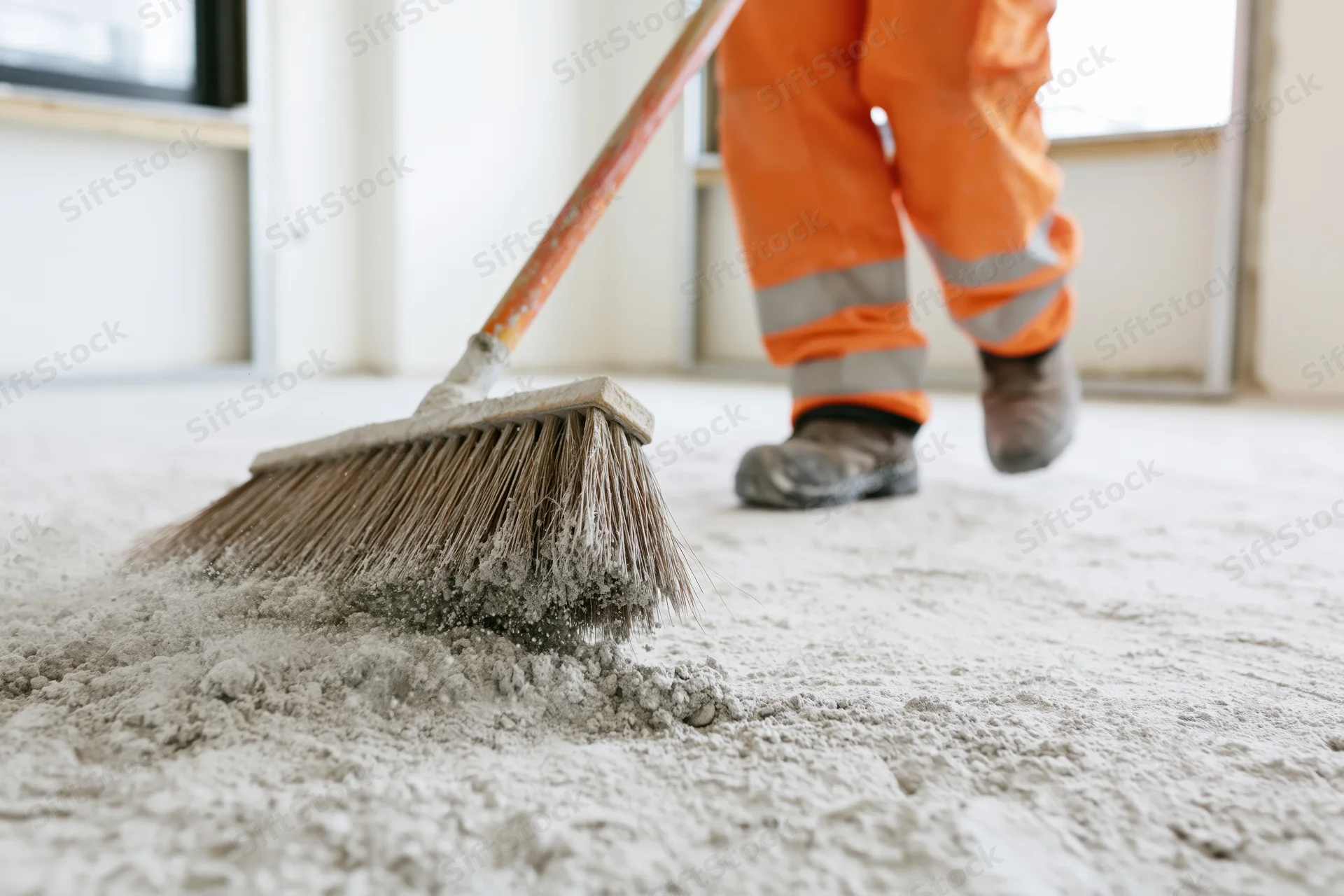 Construction worker sweeping concrete dust with a broom on a building site floor