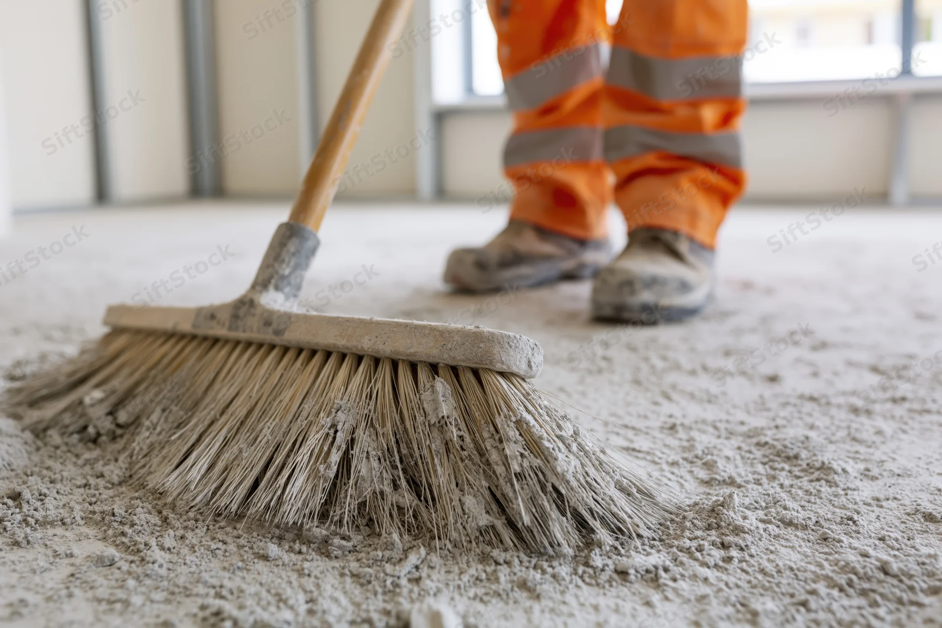 Construction worker sweeping concrete dust and debris on a floor with a broom