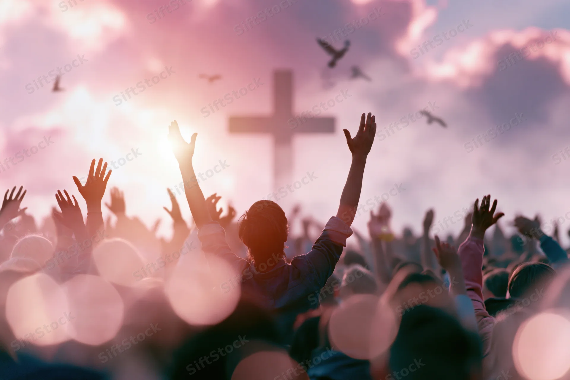 Silhouetted crowd raising hands toward a cross at sunset