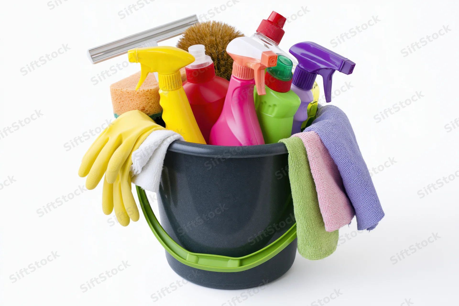 Dark plastic bucket with green handle filled with cleaning supplies including spray bottles, gloves, sponges, and cloths on white background