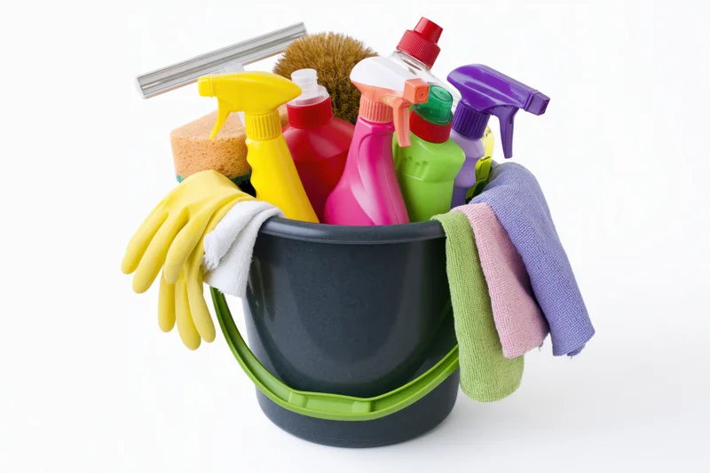 Dark plastic bucket with green handle filled with cleaning supplies including spray bottles, gloves, sponges, and cloths on white background