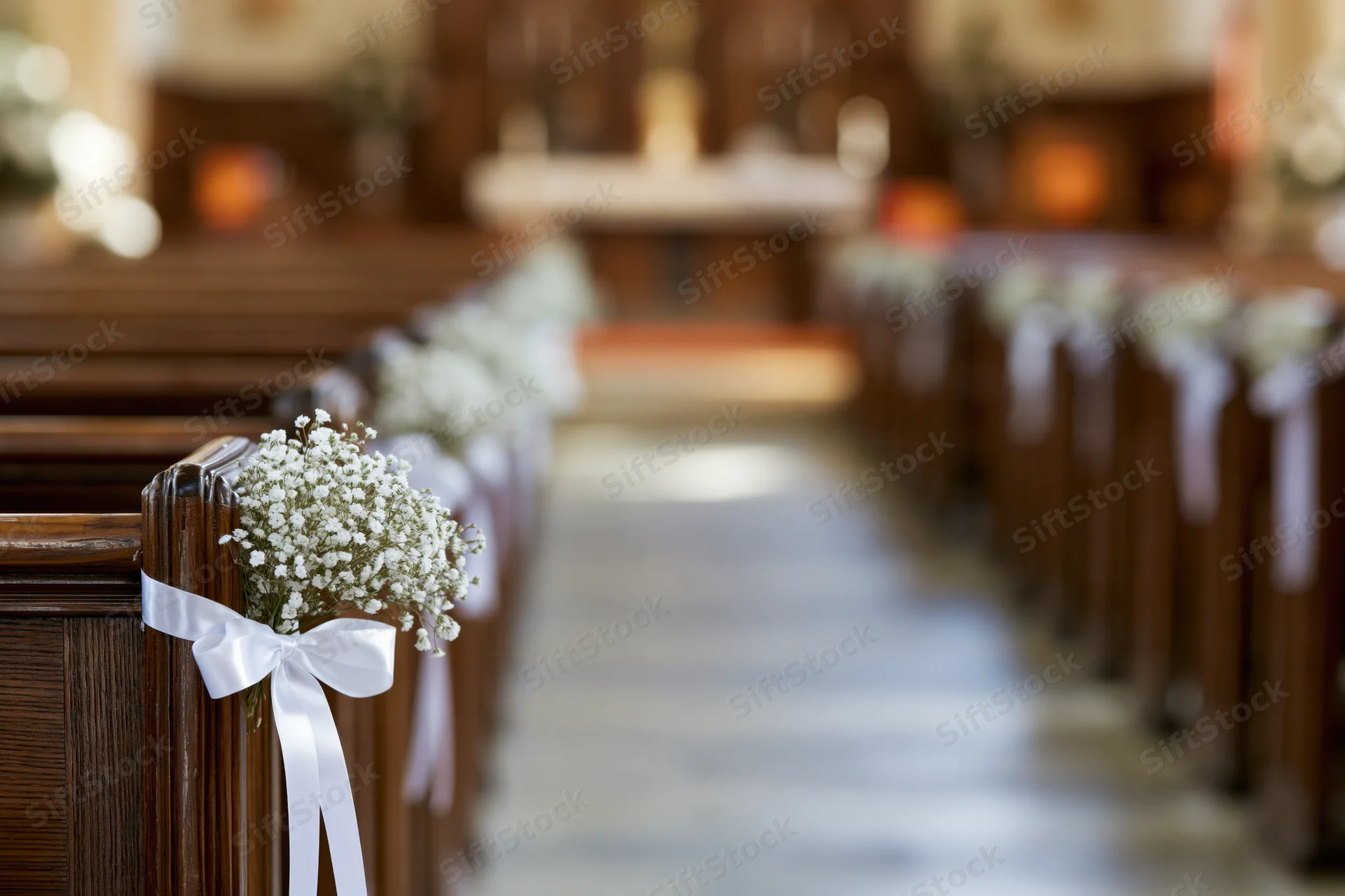 Wooden church pews decorated with white baby's-breath flowers and ribbons lining a central aisle for a wedding ceremony