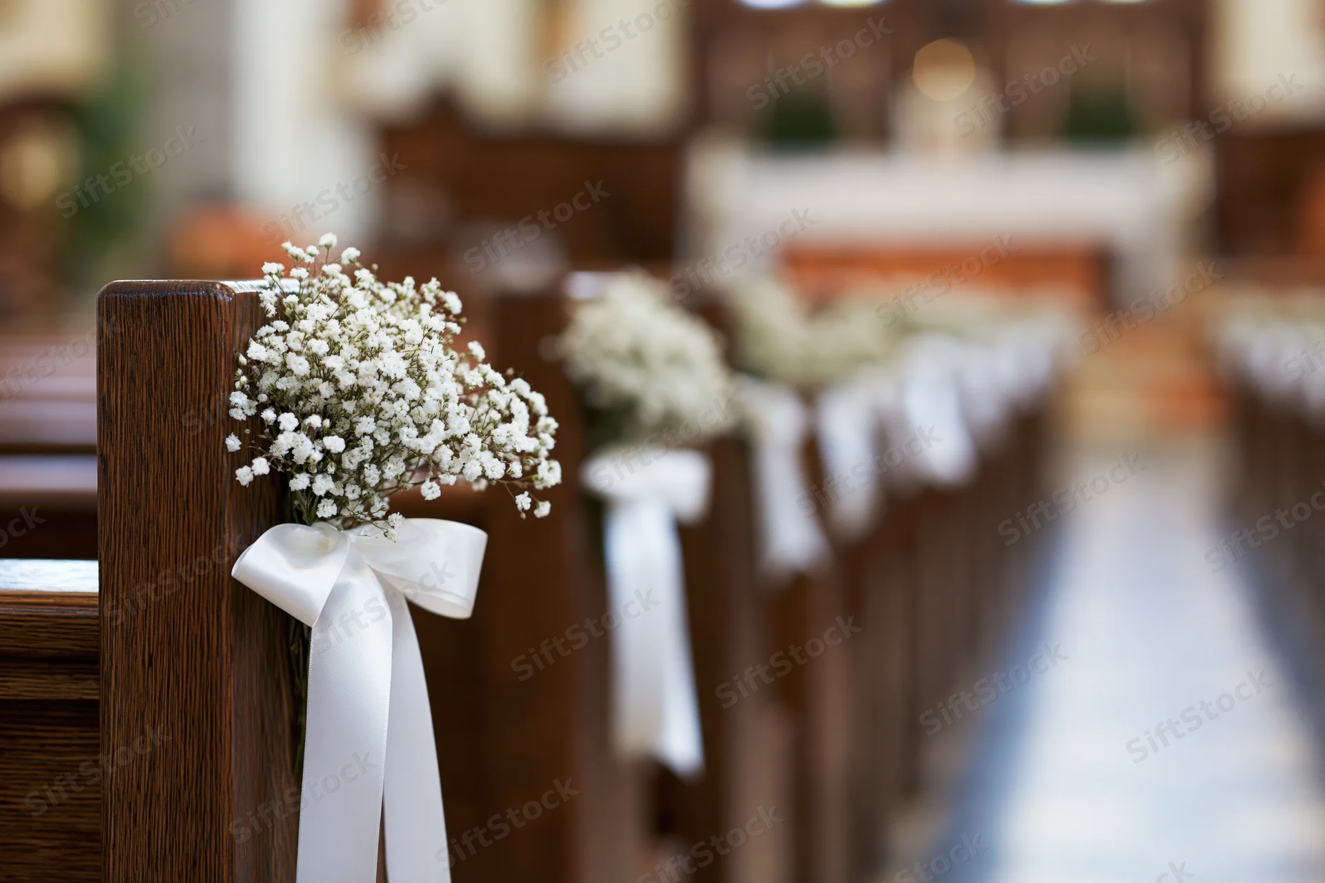 Baby's-breath flowers tied with white ribbon on dark wooden church pews lining an aisle