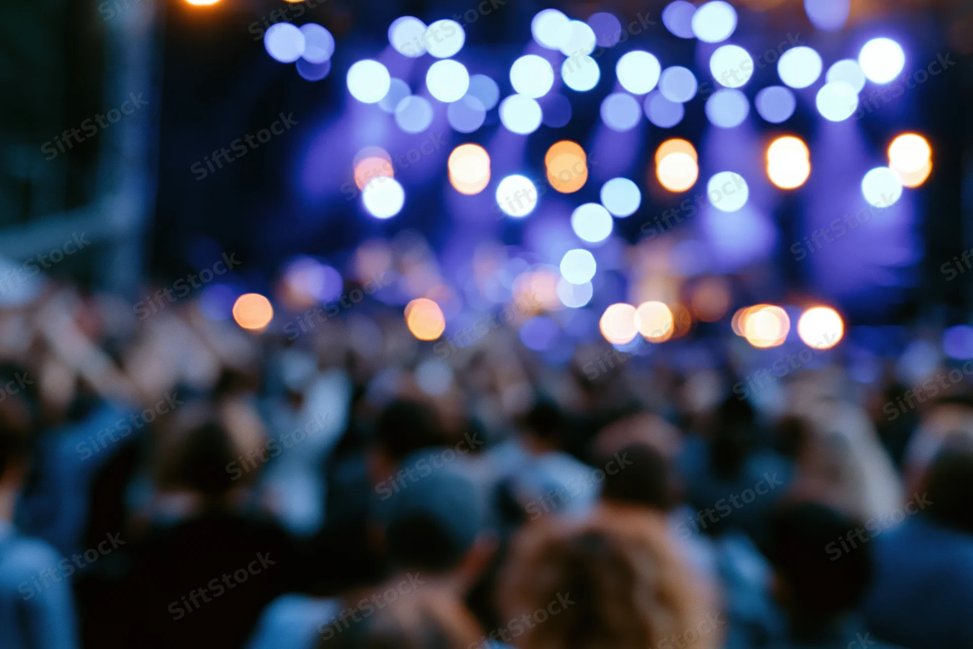 Blurred crowd silhouetted against a lit stage at a live music concert