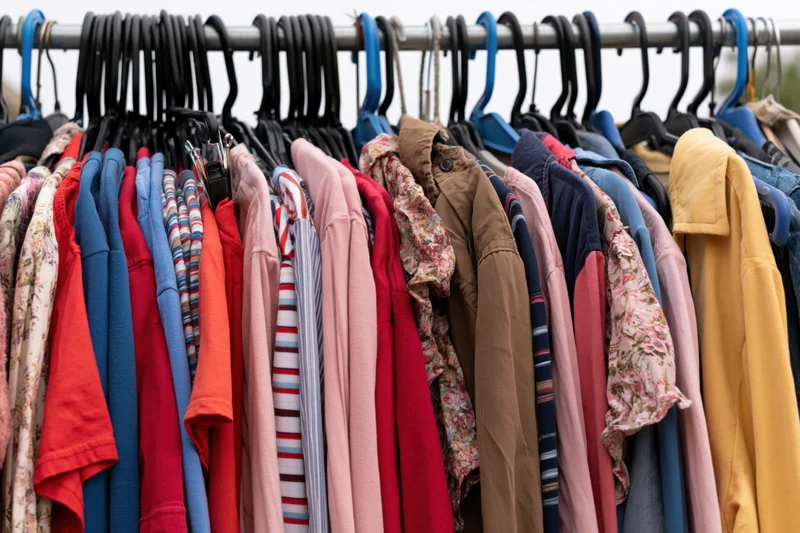 Secondhand clothing densely packed on a metal rack outdoors