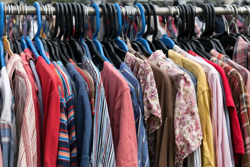 Secondhand clothing densely hung on a metal rack outdoors in daylight