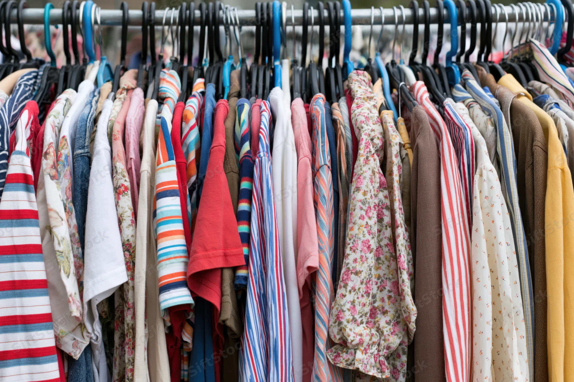 Secondhand clothing densely hung on a metal rack outdoors in a thrift store display