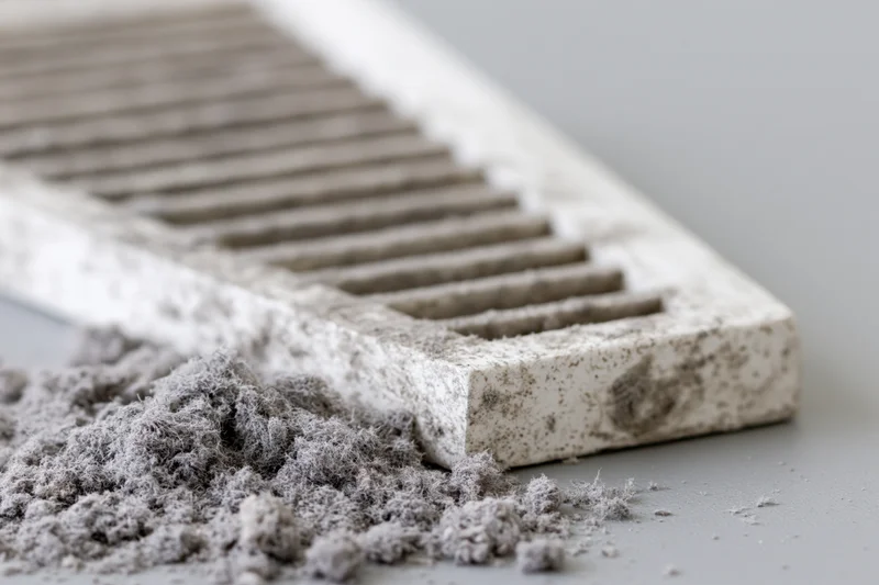 Dirty white plastic air vent register lying on flat grey surface with accumulated dust and debris around it